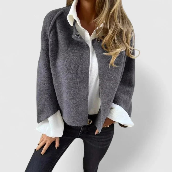 Women's Wool Button-Front Stand Collar Jacket – Wide Cuffs