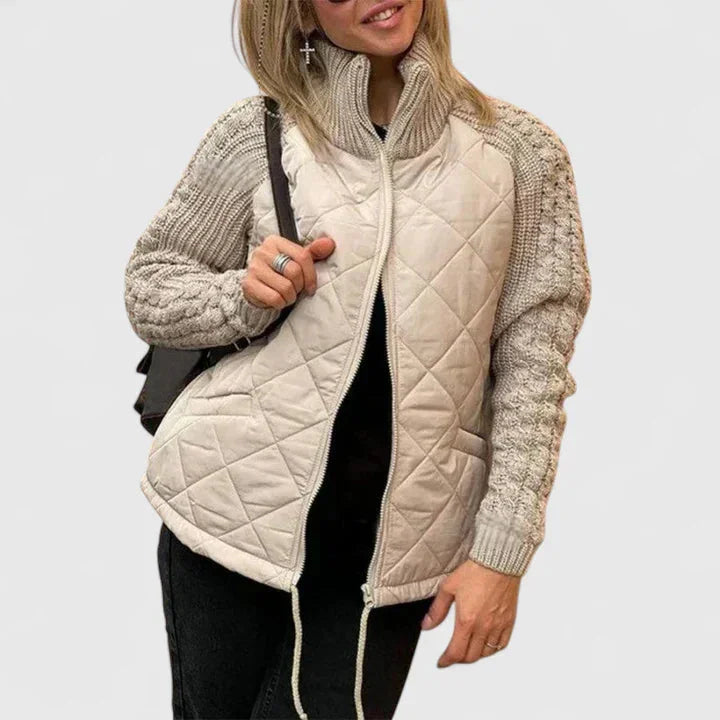 Women's Zip-Up Stand Collar Quilted Jacket – Knit Sleeves