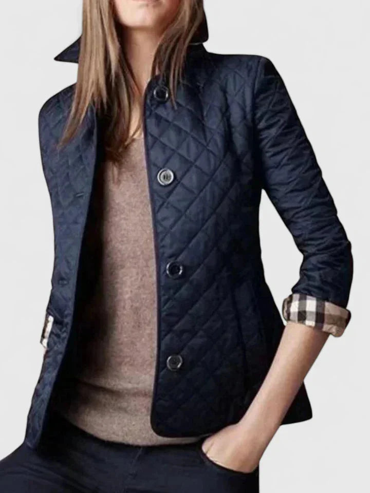 Women's Button-Front Collared Quilted Jacket – Plaid Lining