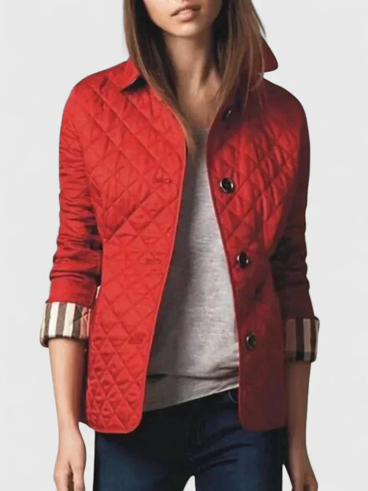 Women's Button-Front Collared Quilted Jacket – Plaid Lining