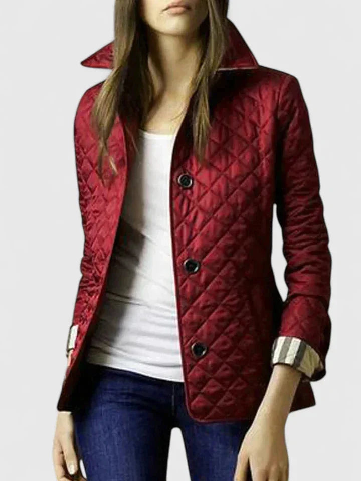 Women's Button-Front Collared Quilted Jacket – Plaid Lining