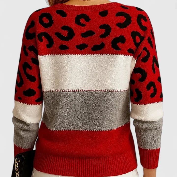 Women's Leopard Knit Crew Neck Jumper – Print Colourblock