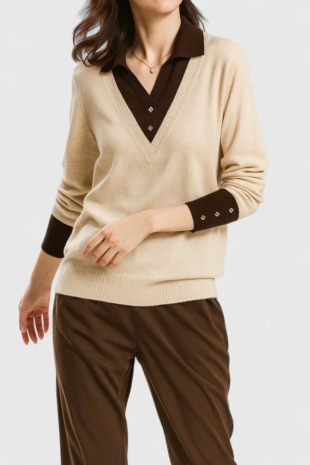 Women's Knit V-Neck Jumper – Button Detail On Cuffs