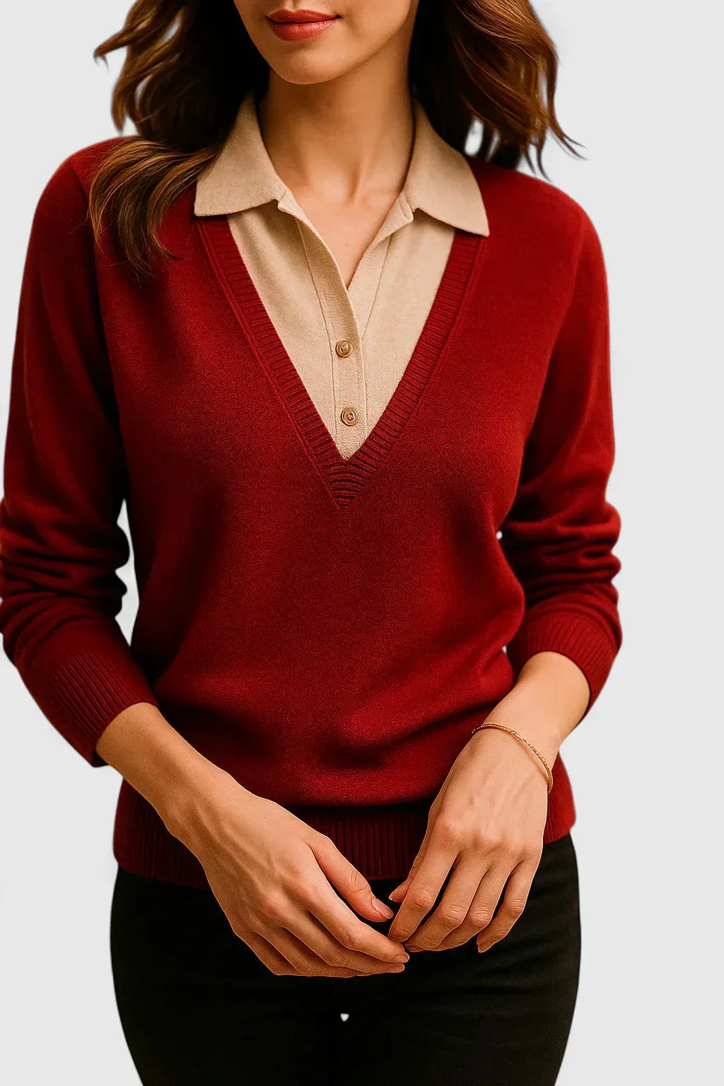 Women's Knit V-Neck Jumper – Button Detail On Cuffs