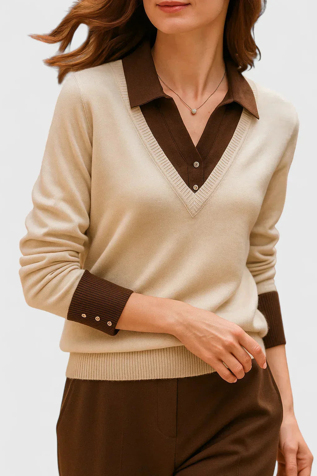 Women's Knit V-Neck Jumper – Button Detail On Cuffs