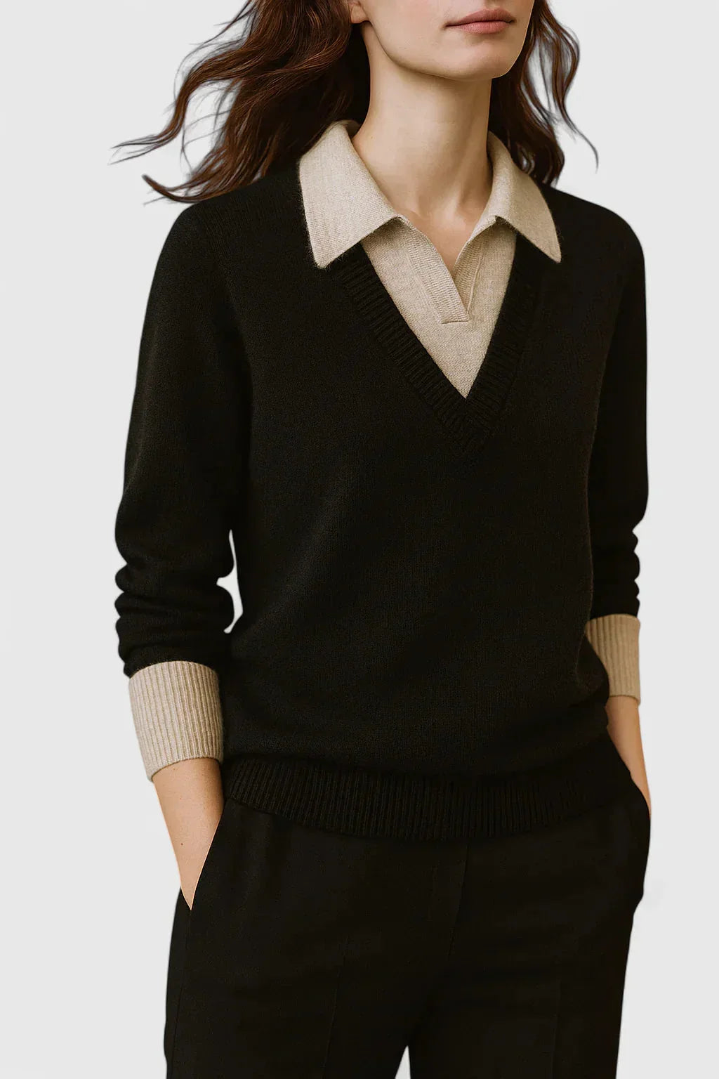 Women's Knit V-Neck Jumper – Button Detail On Cuffs