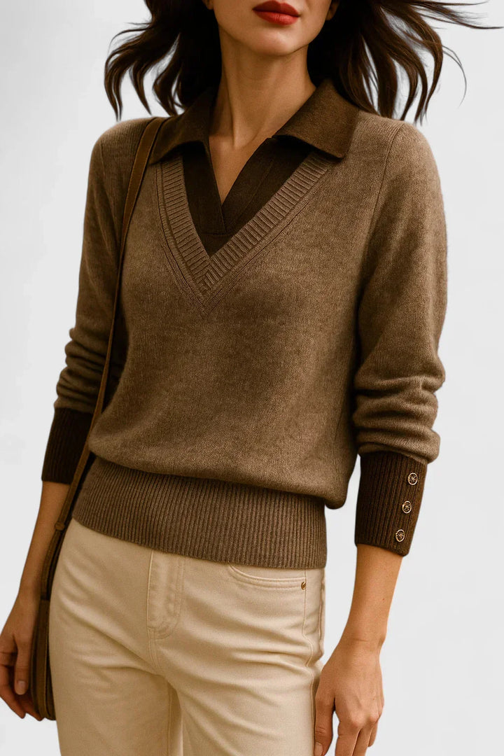Women's Knit V-Neck Jumper – Button Detail On Cuffs