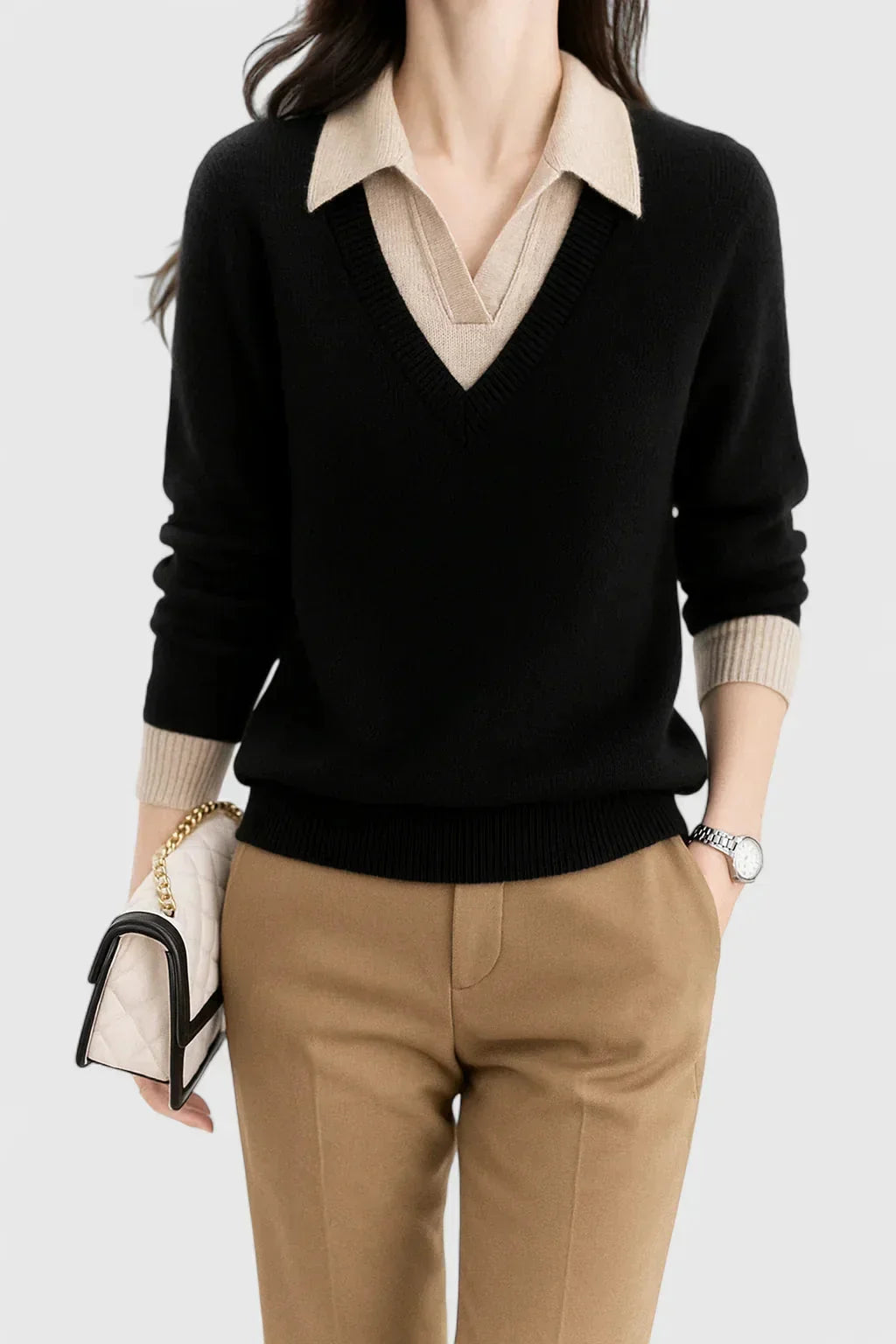Women's Knit V-Neck Jumper – Button Detail On Cuffs