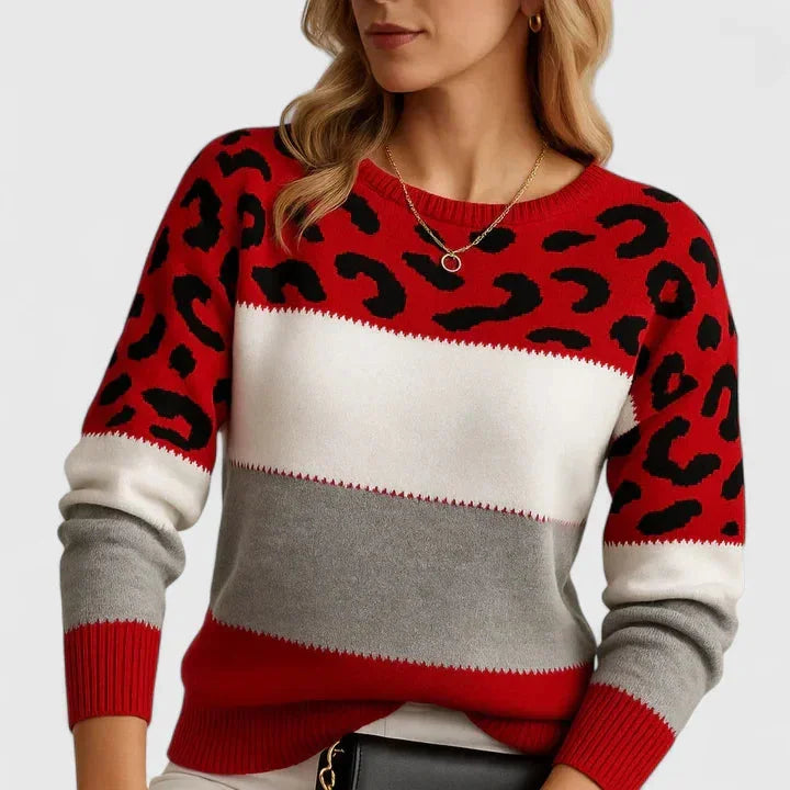 Women's Leopard Knit Crew Neck Jumper – Print Colourblock