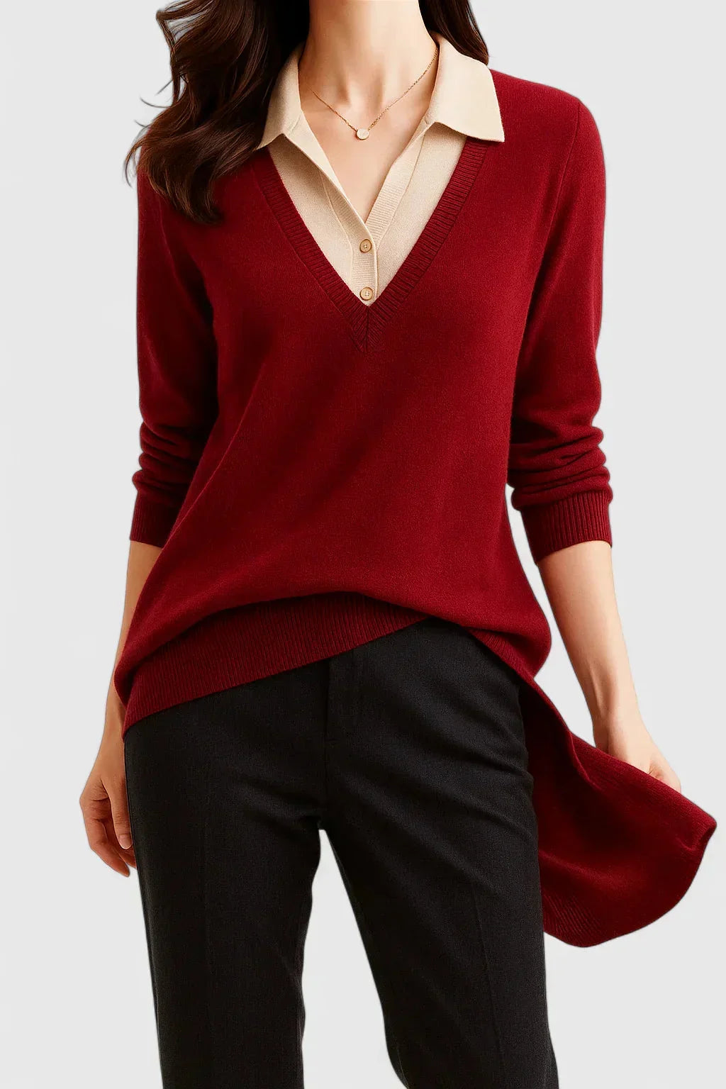 Women's Knit V-Neck Jumper – Button Detail On Cuffs