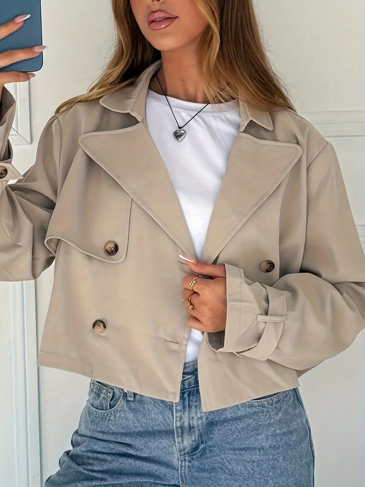 Women's Cropped Peacoat Double Breasted Notch Lapel