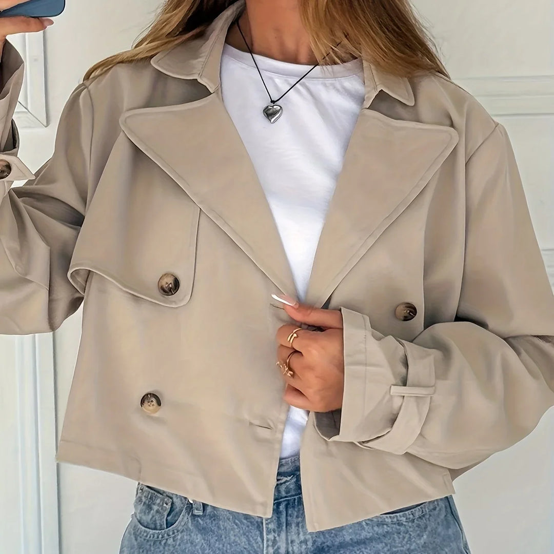 Women's Cropped Peacoat Double Breasted Notch Lapel