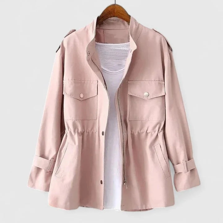Women's Cotton Zip-Up Stand Collar Jacket – Drawstring Waist