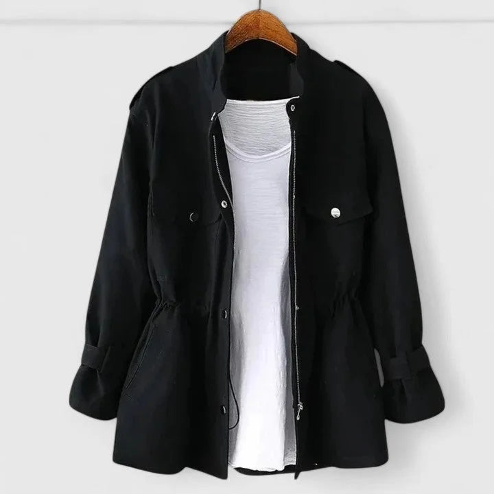 Women's Cotton Zip-Up Stand Collar Jacket – Drawstring Waist