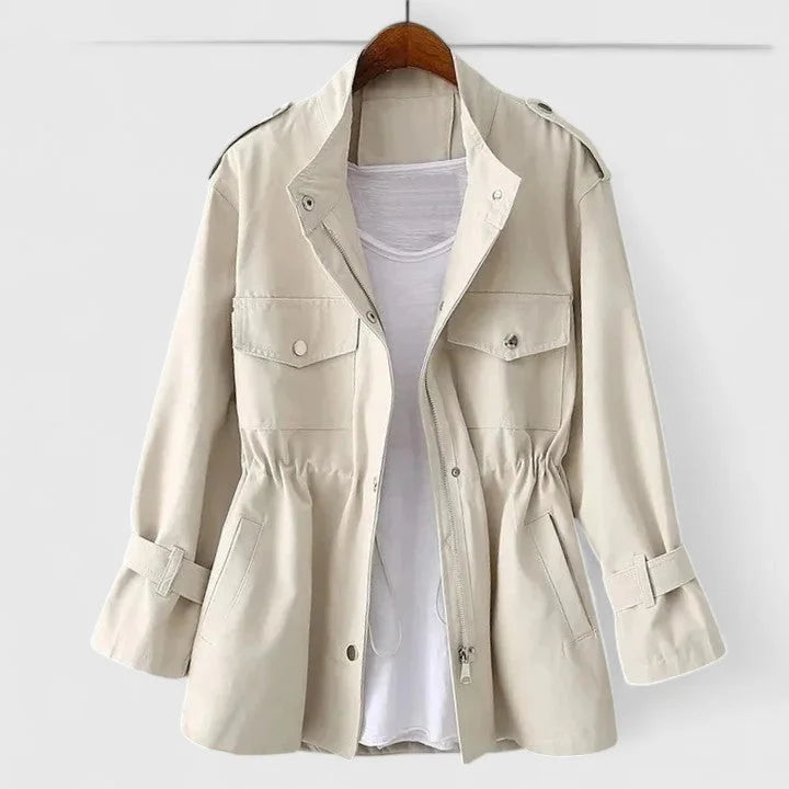 Women's Cotton Zip-Up Stand Collar Jacket – Drawstring Waist