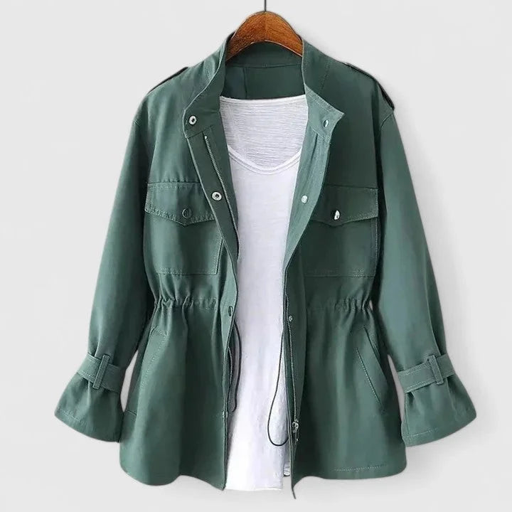 Women's Cotton Zip-Up Stand Collar Jacket – Drawstring Waist
