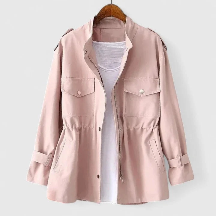 Women's Cotton Zip-Up Stand Collar Jacket – Drawstring Waist