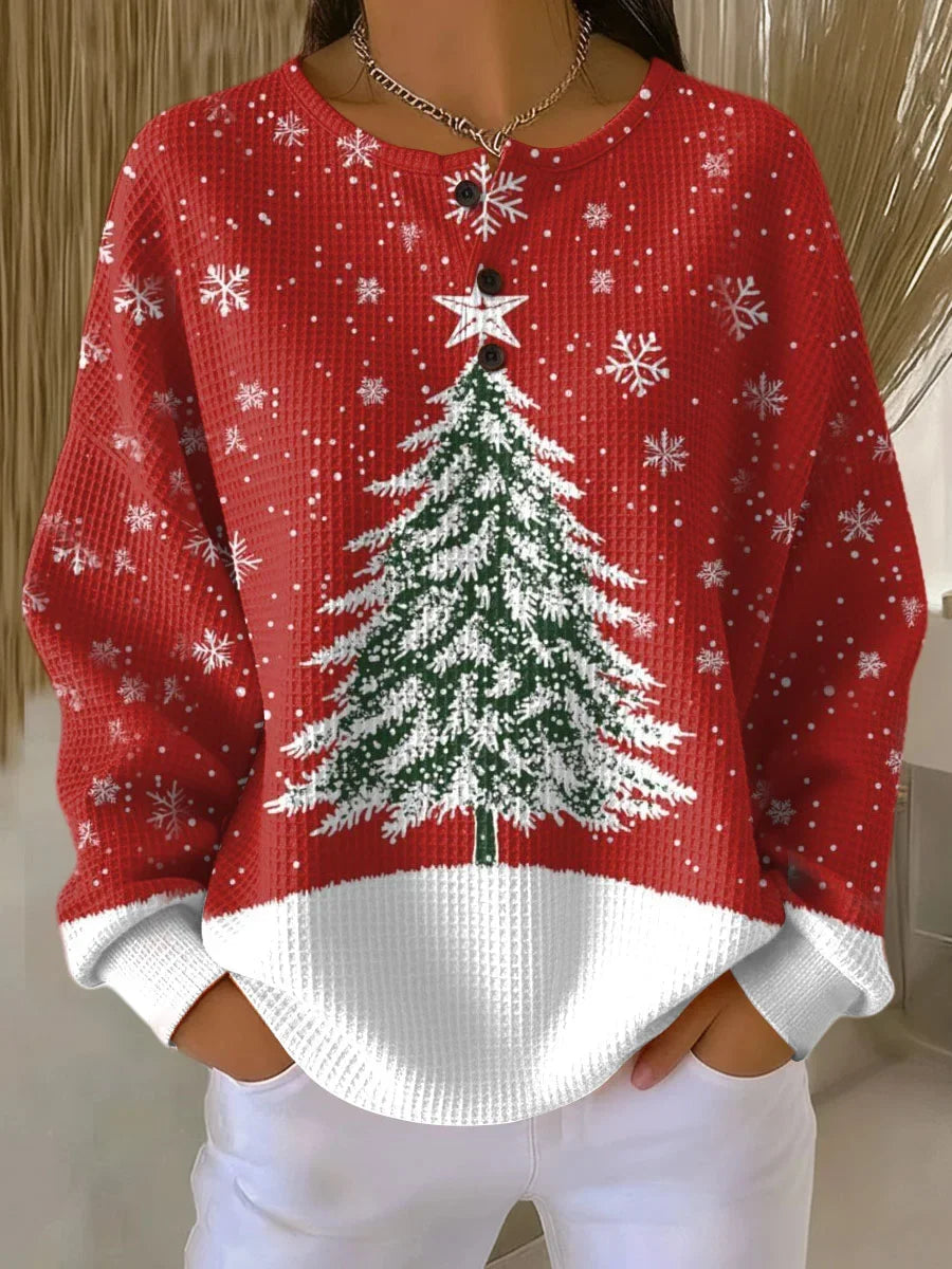 Women's Knit Button-Front Crew Neck Jumper – Christmas Tree Graphic