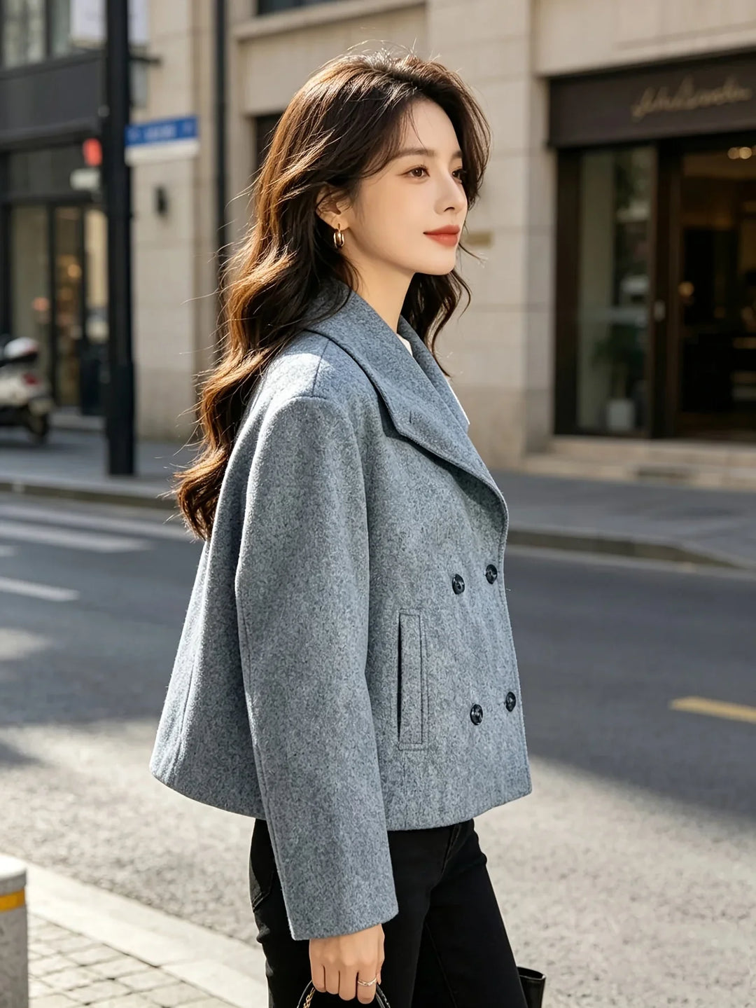 Women's Cropped Wool Double Breasted Peacoat