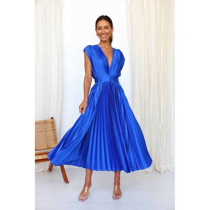 Women's Midi Dress – V-Neck Pleated Party