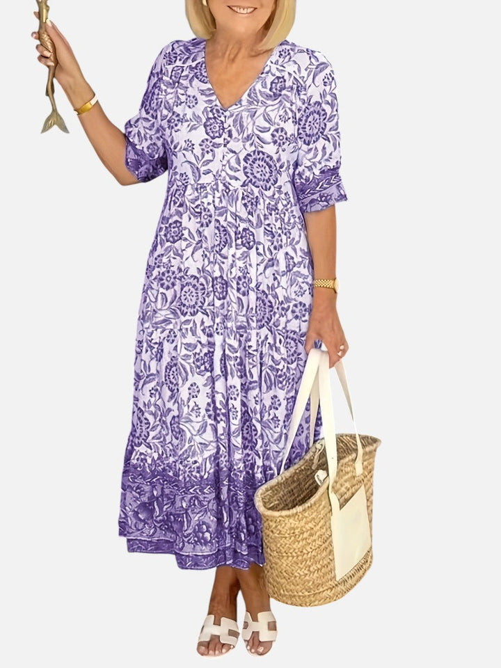 Women's Floral V-Neck Midi Dress – Relaxed Summer Elegance in Blue | Invictora.com