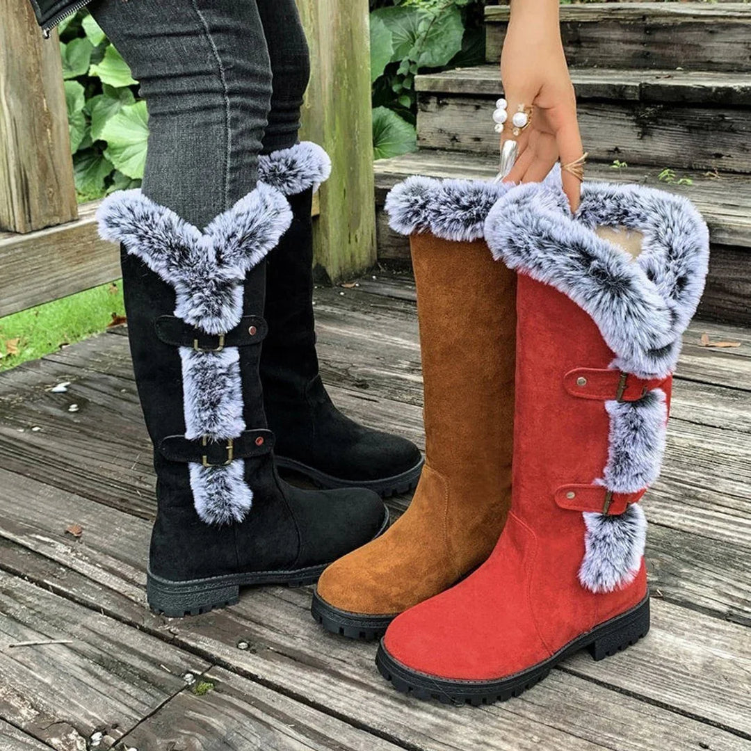Women's Faux Suede Knee High Boots – Fur Trim