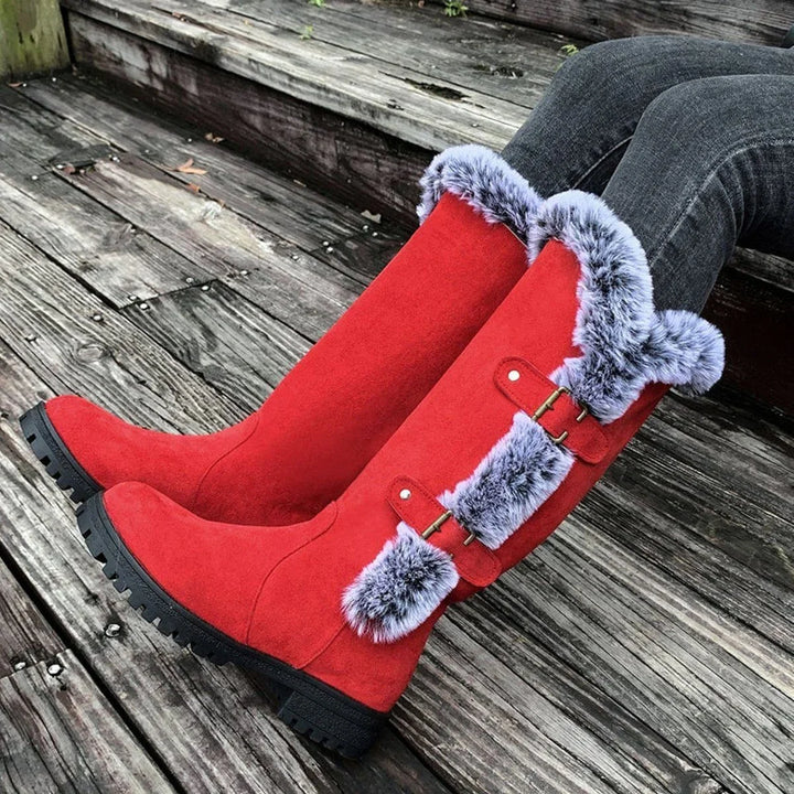 Women's Faux Suede Knee High Boots – Fur Trim