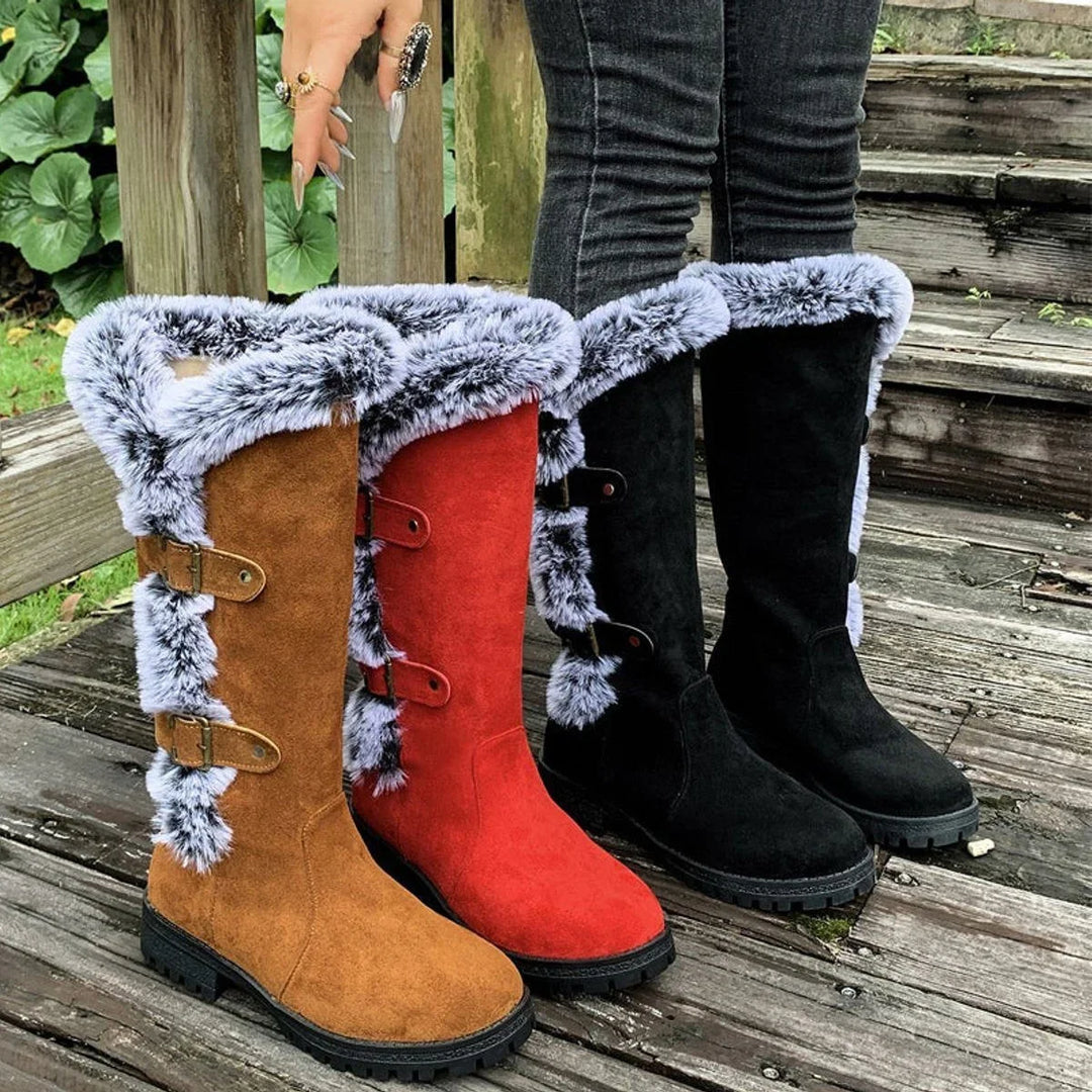 Women's Faux Suede Knee High Boots – Fur Trim