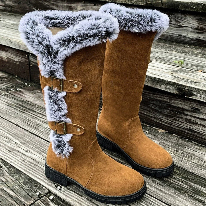 Women's Faux Suede Knee High Boots – Fur Trim