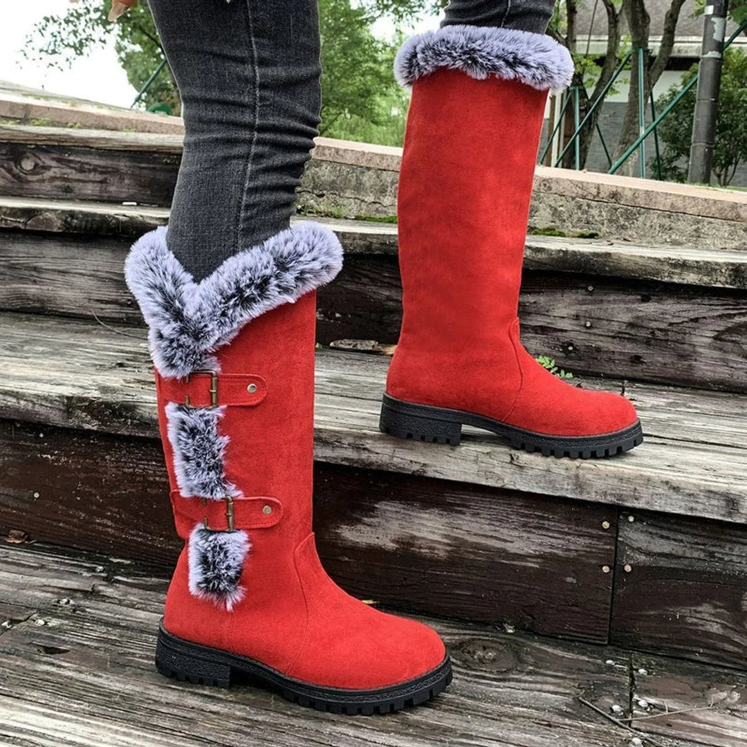 Women's Faux Suede Knee High Boots – Fur Trim