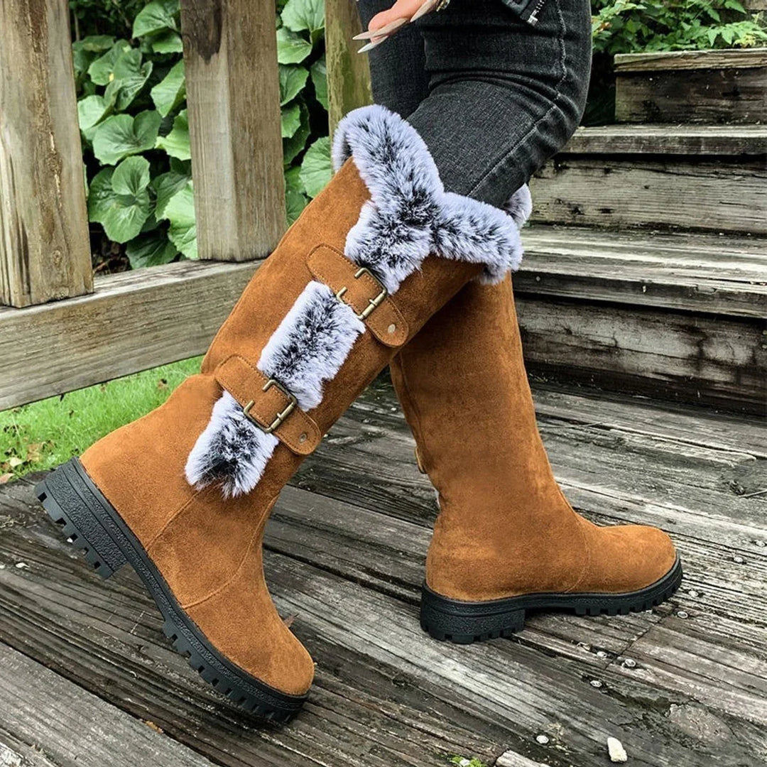 Women's Faux Suede Knee High Boots – Fur Trim