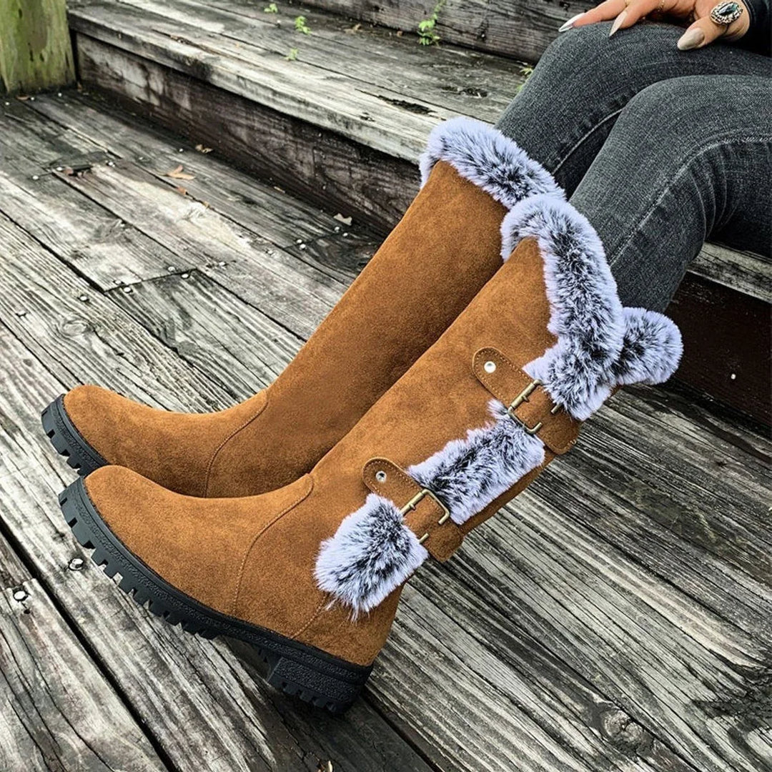 Women's Faux Suede Knee High Boots – Fur Trim
