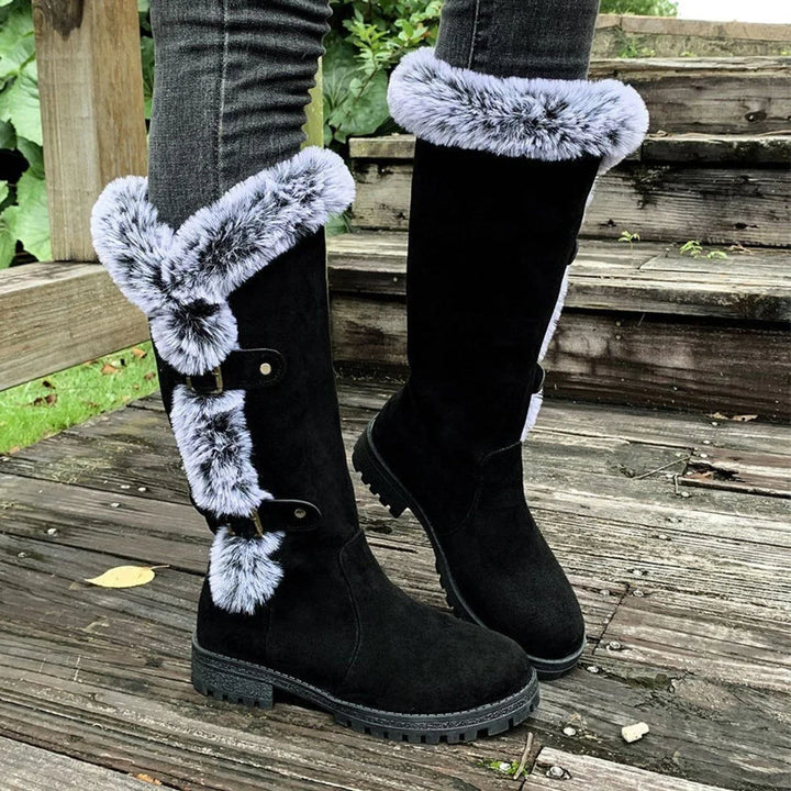 Women's Faux Suede Knee High Boots – Fur Trim