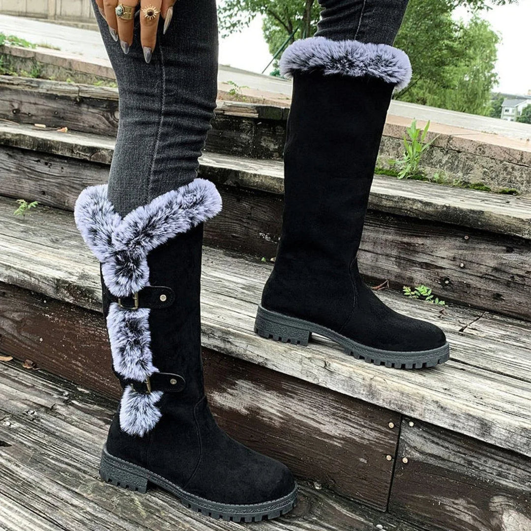 Women's Faux Suede Knee High Boots – Fur Trim