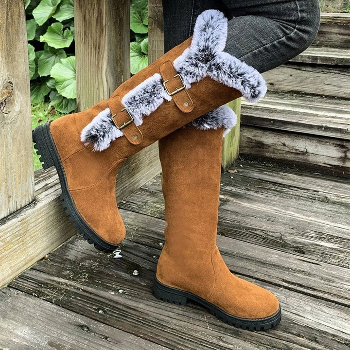 Women's Faux Suede Knee High Boots – Fur Trim