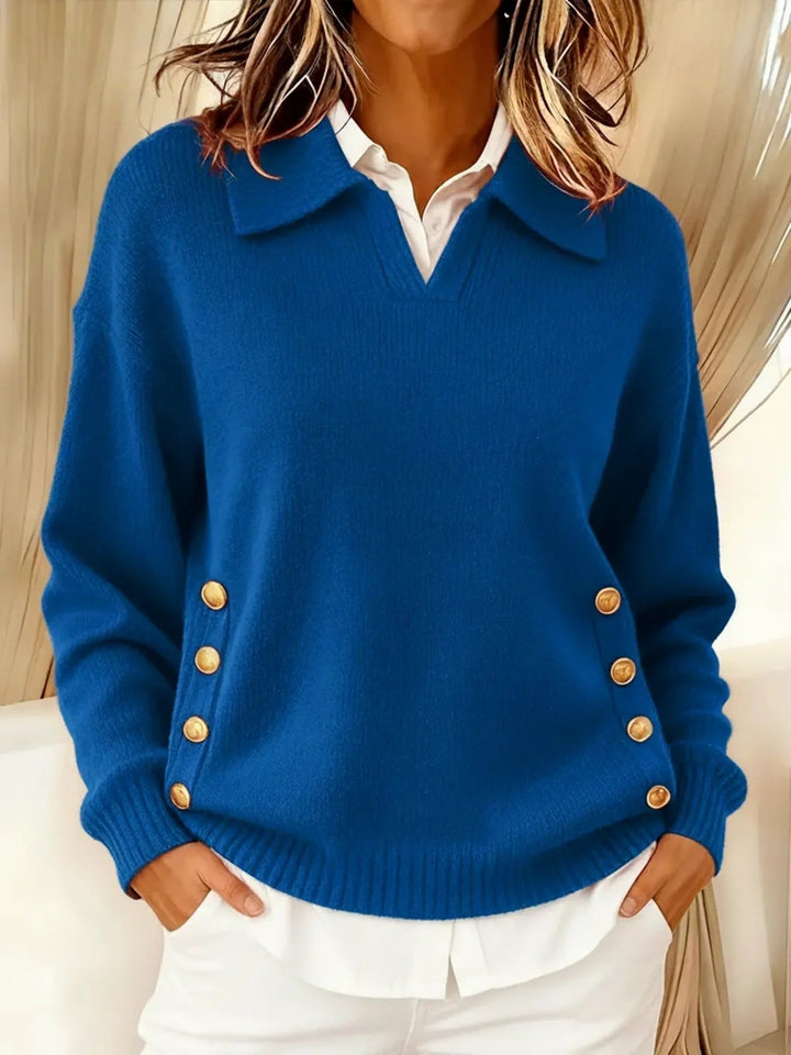 Women's Jumper – Oversized Collared V-Neck Gold Button Polo