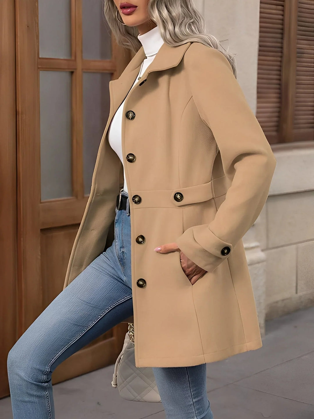 Women's Fitted Gold Button Double Breasted Trench Coat