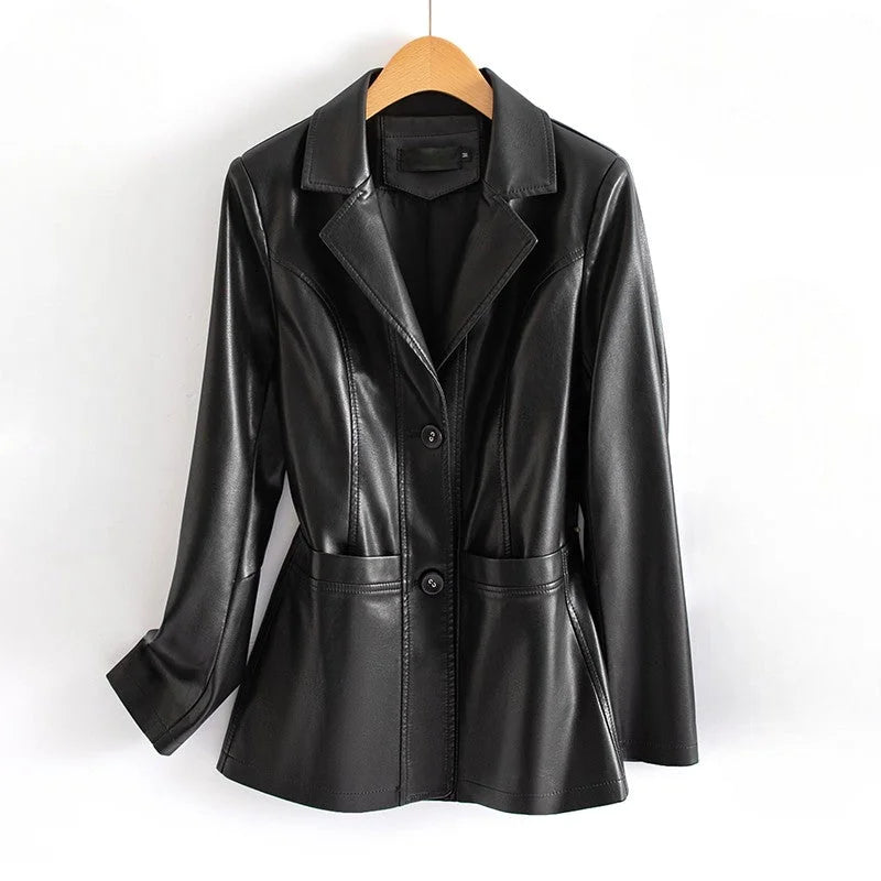 Women's Fitted Waist Flared Hem Leather Jacket