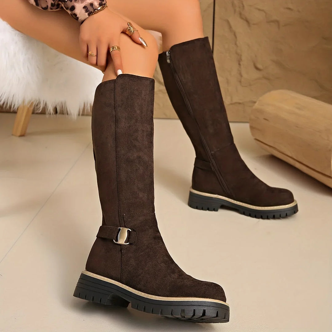 Women's Knee High Boots – Flat Chunky Lug Sole & Buckle
