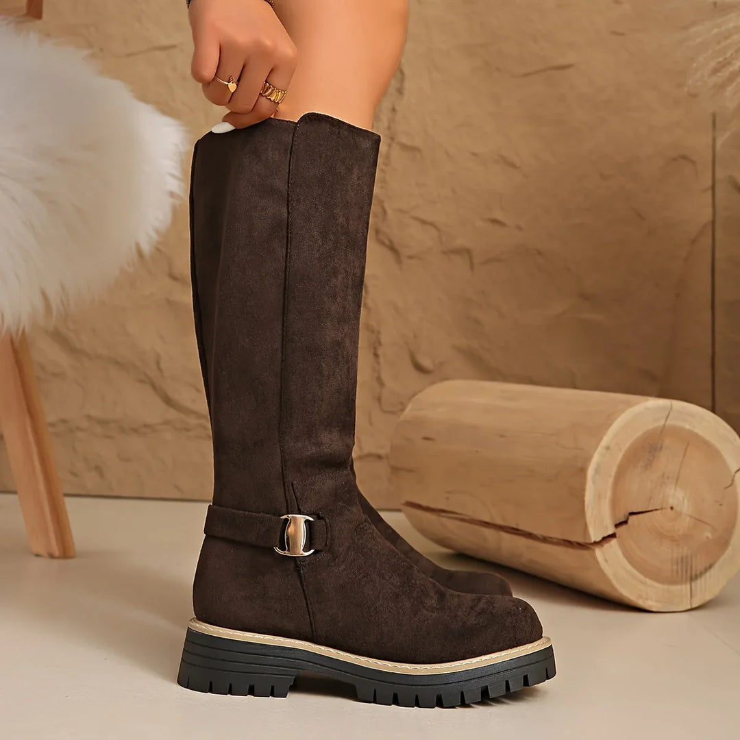 Women's Knee High Boots – Flat Chunky Lug Sole & Buckle