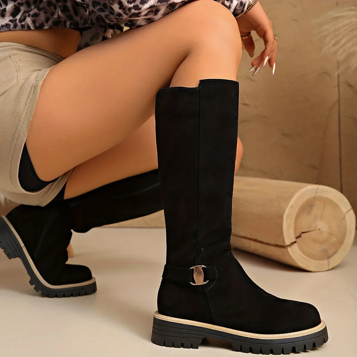 Women's Knee High Boots – Flat Chunky Lug Sole & Buckle