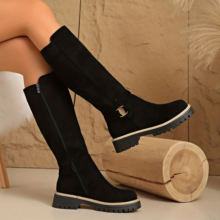 Women's Knee High Boots – Flat Chunky Lug Sole & Buckle