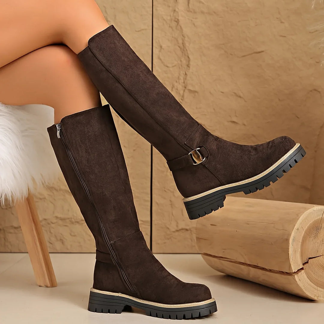Women's Knee High Boots – Flat Chunky Lug Sole & Buckle
