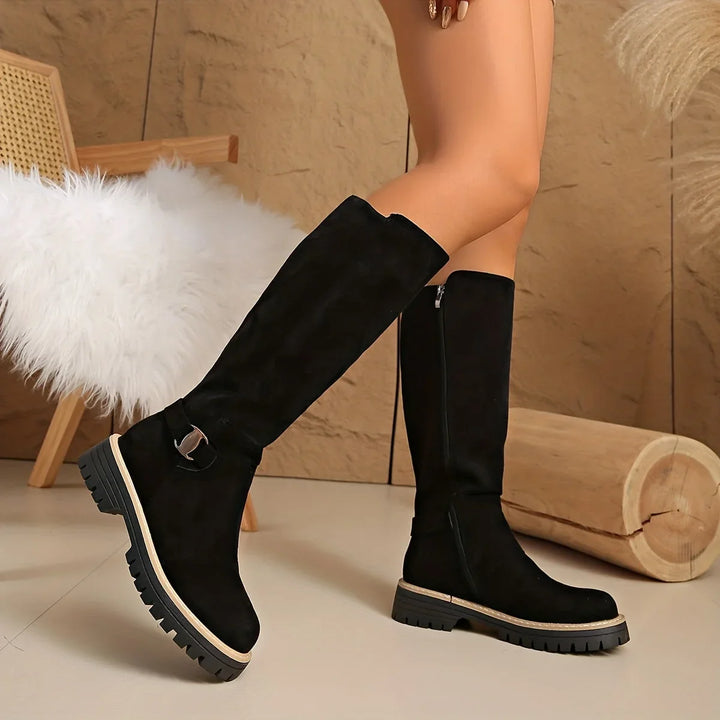 Women's Knee High Boots – Flat Chunky Lug Sole & Buckle