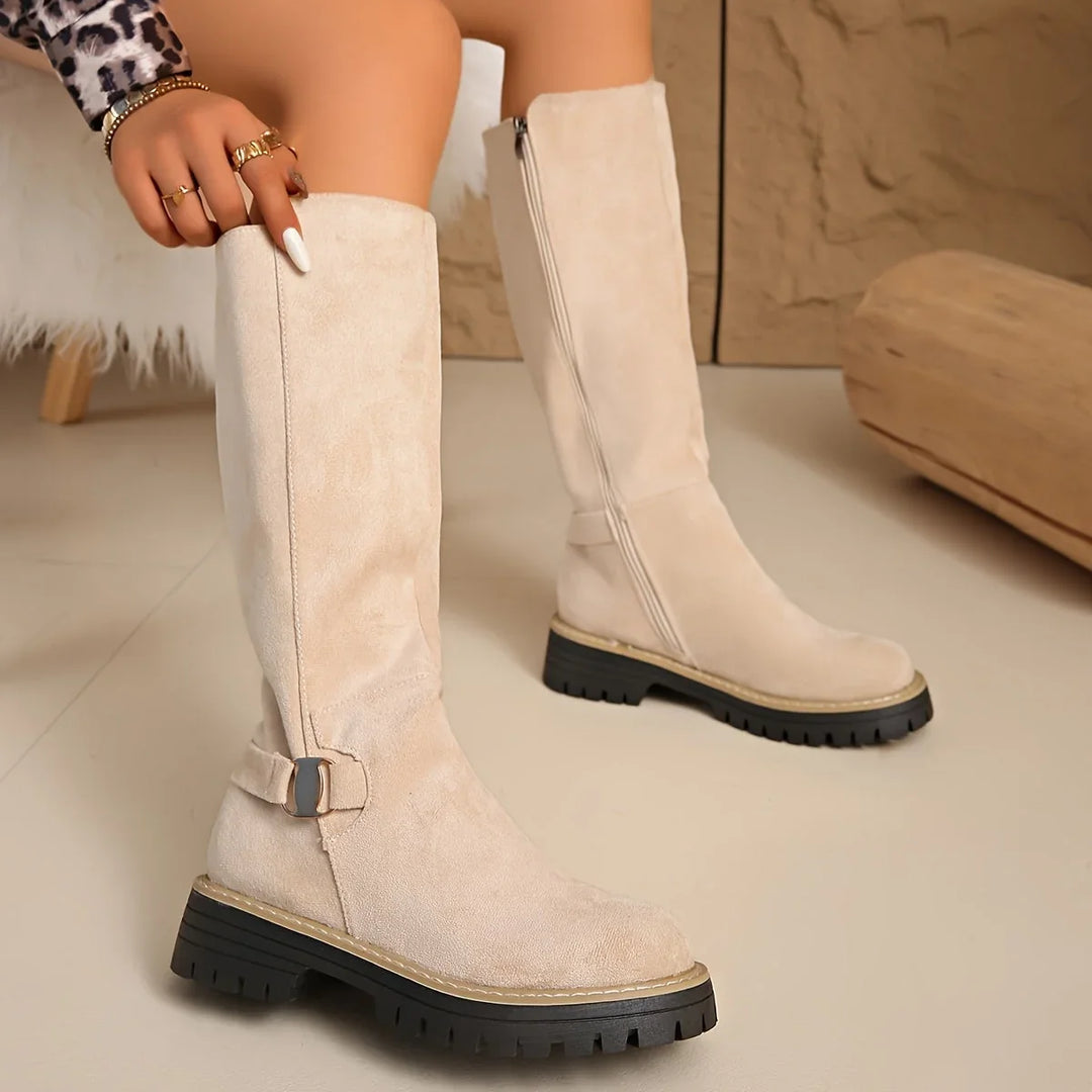 Women's Knee High Boots – Flat Chunky Lug Sole & Buckle