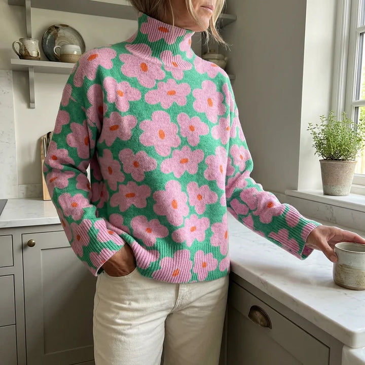 Women's Floral Roll Neck Knit Sweater