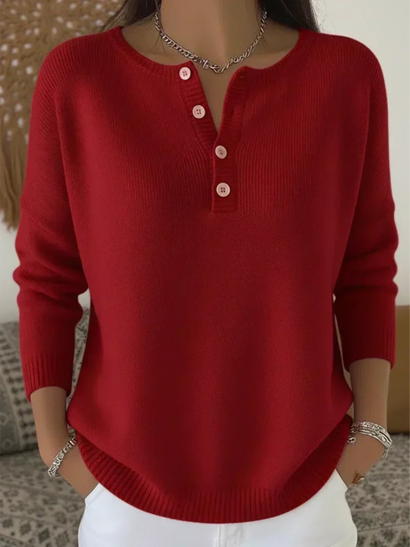 Women's Jumper – Ribbed Henley Button Drop-Shoulder Knit