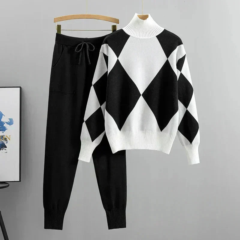 Women's Matching Outfit – Geometric High-Neck Sweater & Tapered Trouser Set
