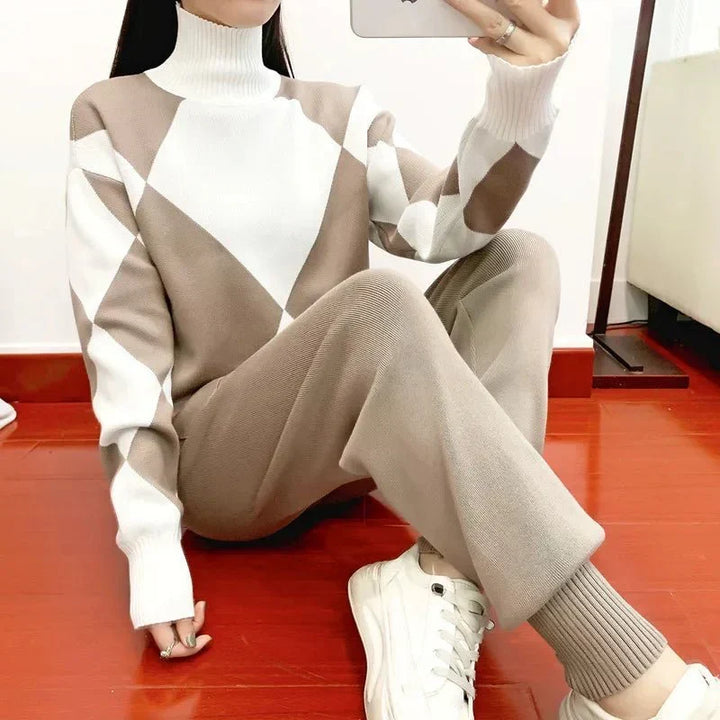 Women's Matching Outfit – Geometric High-Neck Sweater & Tapered Trouser Set