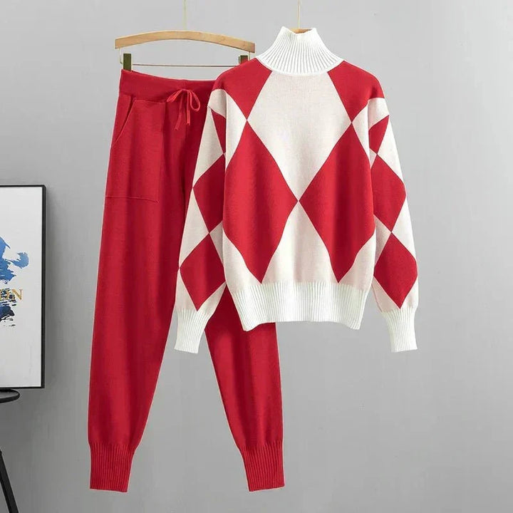 Women's Matching Outfit – Geometric High-Neck Sweater & Tapered Trouser Set